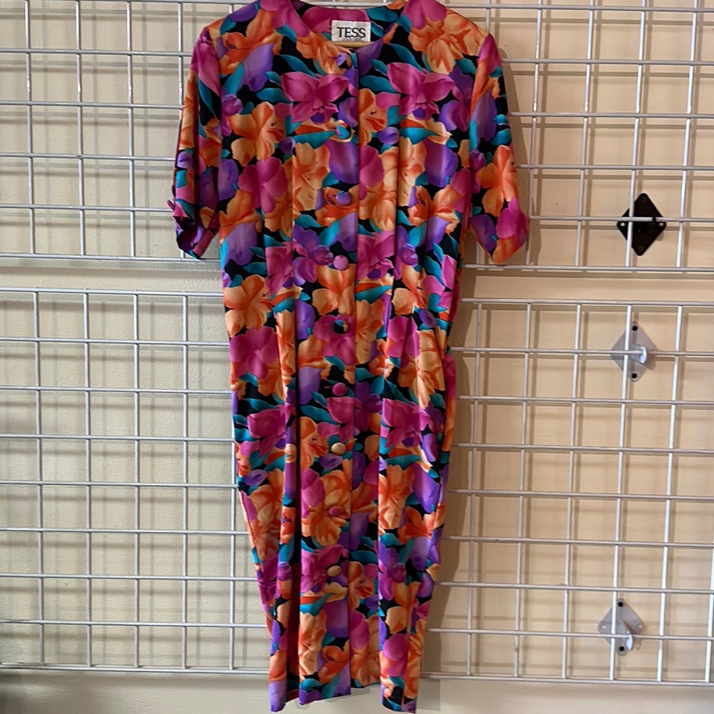 Vintage TESS tropical floral print dress with pockets